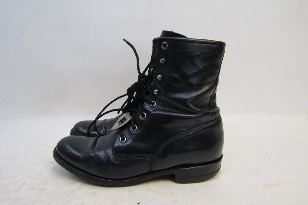 JUSTIN Womens Size 6.5 B Black Leather Lace Up Heart Charm Cowboy Western Boots